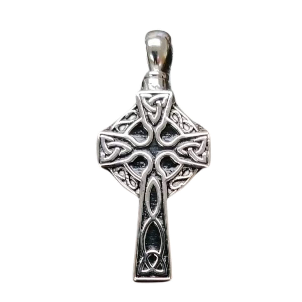 Silver Celtic cross pendant with interlaced knotwork and an open ring, on a silver chain