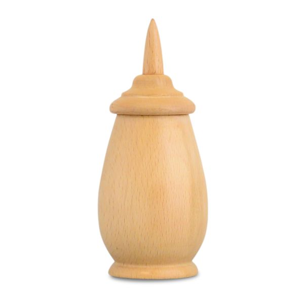 Turned light-toned wood keepsake urn about four inches tall with visible grain