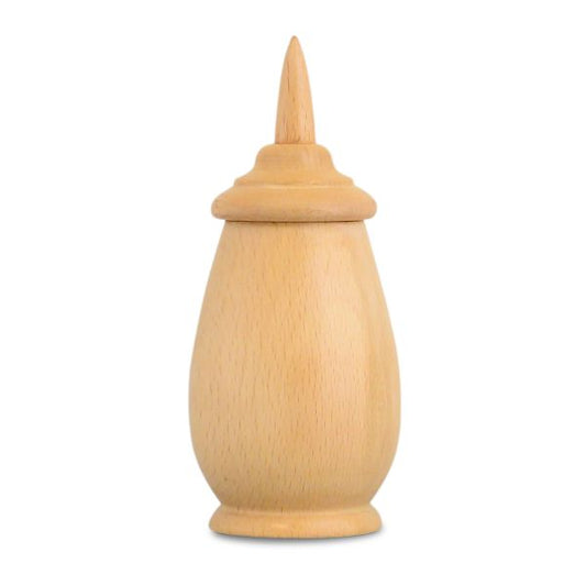 Turned light-toned wood keepsake urn about four inches tall with visible grain