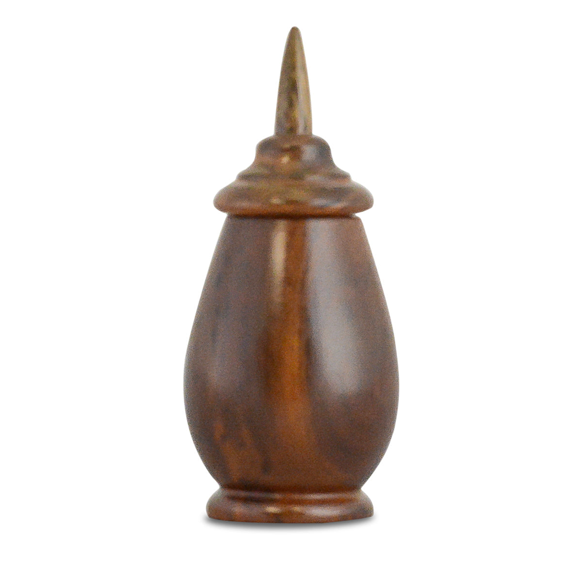 Turned mid-tone wood keepsake urn with a rounded shoulder and a narrow neck