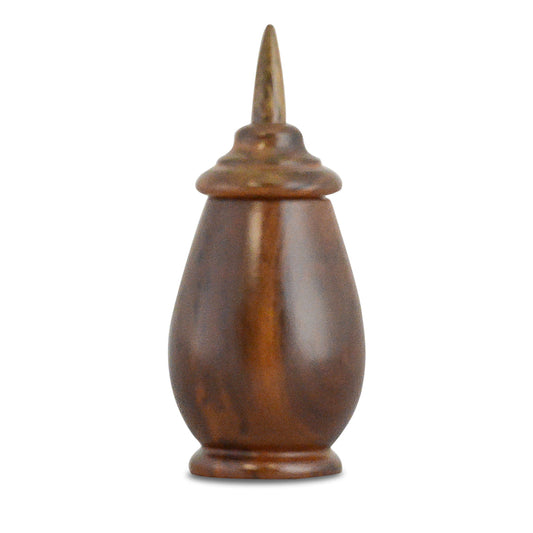 Turned mid-tone wood keepsake urn with a rounded shoulder and a narrow neck