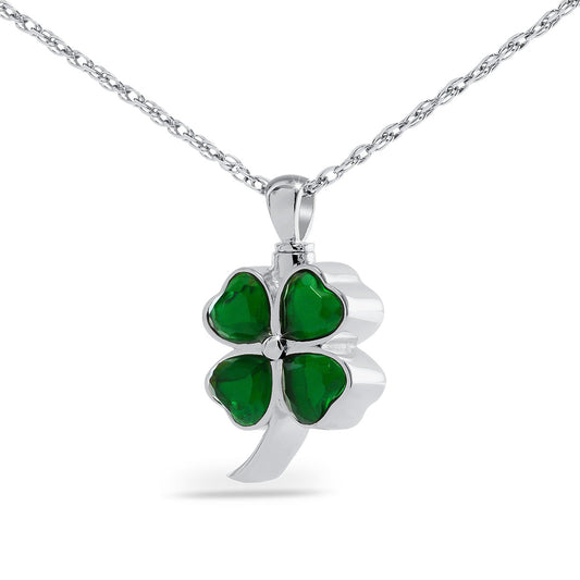 Silver shamrock pendant with three rounded leaves on a short stem, one inch tall