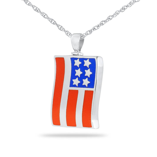 Silver pendant stamped with an American flag design, hanging from a fine chain