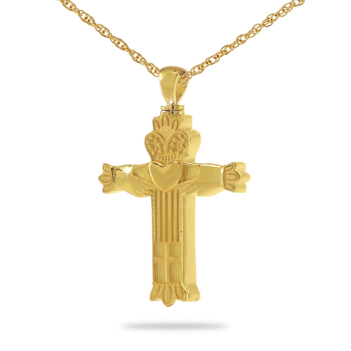 Gold-finished steel cross pendant with claddagh hands holding a crowned heart