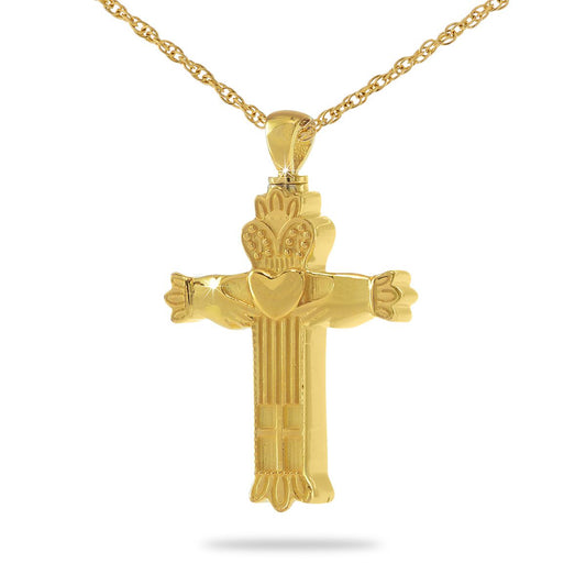 Gold-finished steel cross pendant with claddagh hands holding a crowned heart