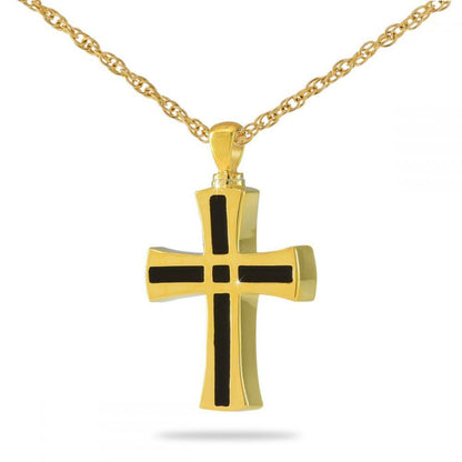 Heavy gold cross cremation pendant on a thick curb chain link
