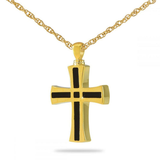 Heavy gold cross cremation pendant on a thick curb chain link