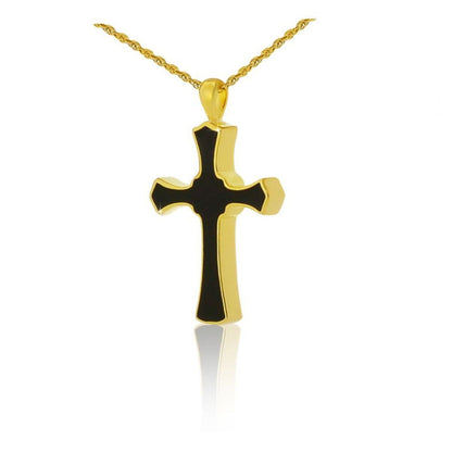 Black inlaid cross pendant with gold steel bevelled edges and a screw opening in the base