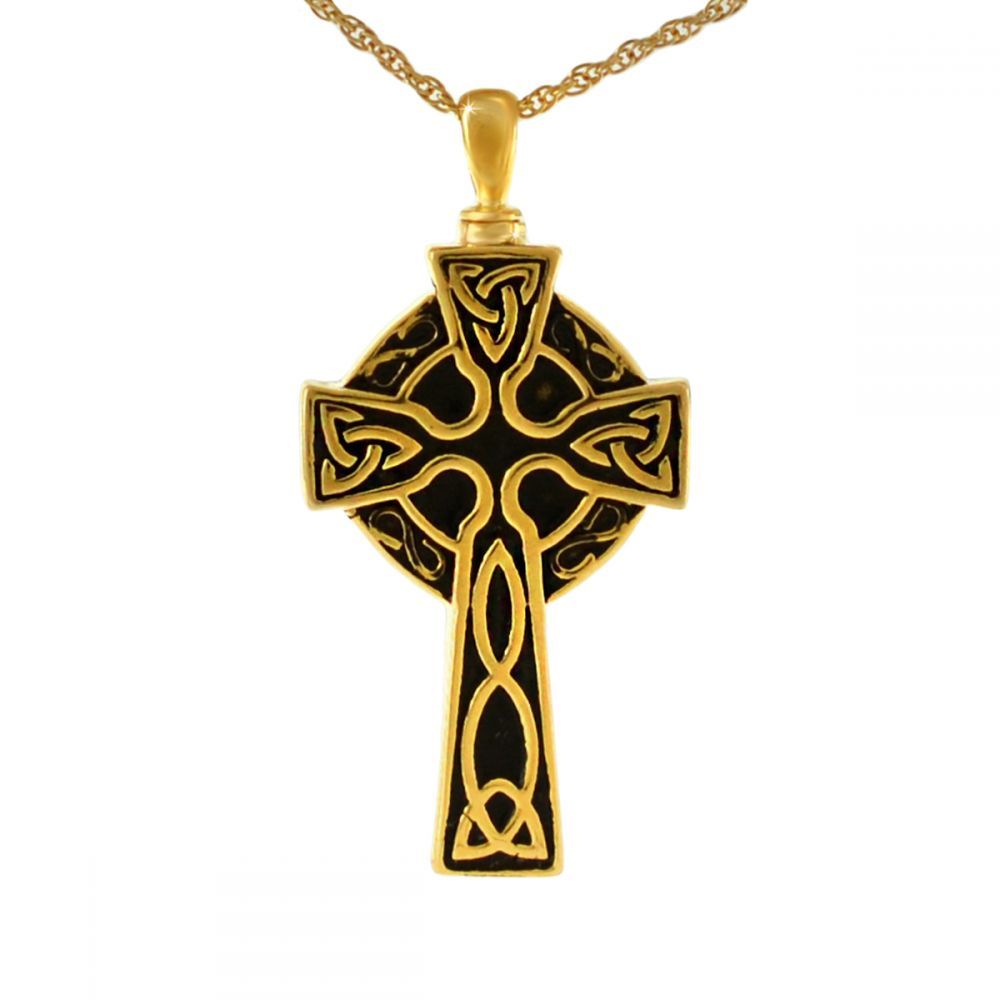 Small gold cremation pendant shaped as a Celtic cross with interlaced knotwork