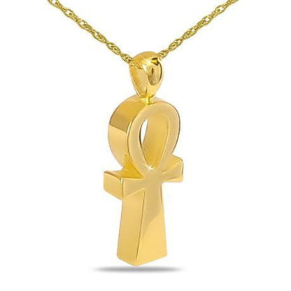 Gold cremation pendant shaped as an Egyptian ankh cross with a looped top
