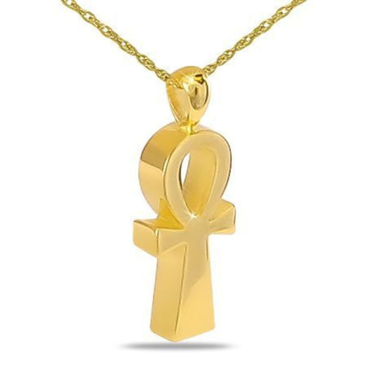 Gold cremation pendant shaped as an Egyptian ankh cross with a looped top
