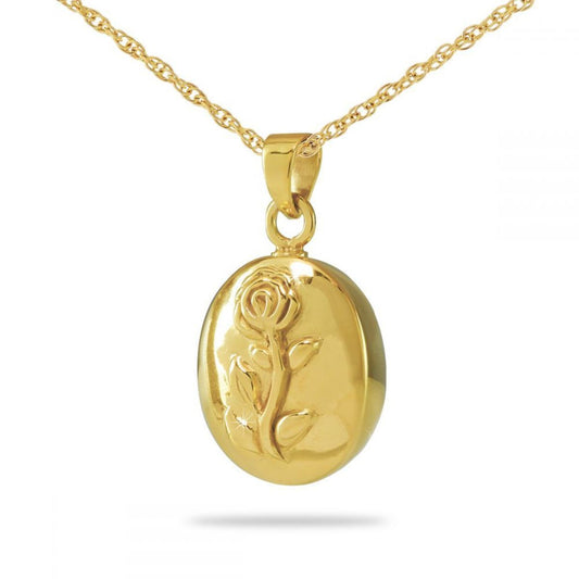Gold cremation pendant with a raised rose and leaves worked into the face