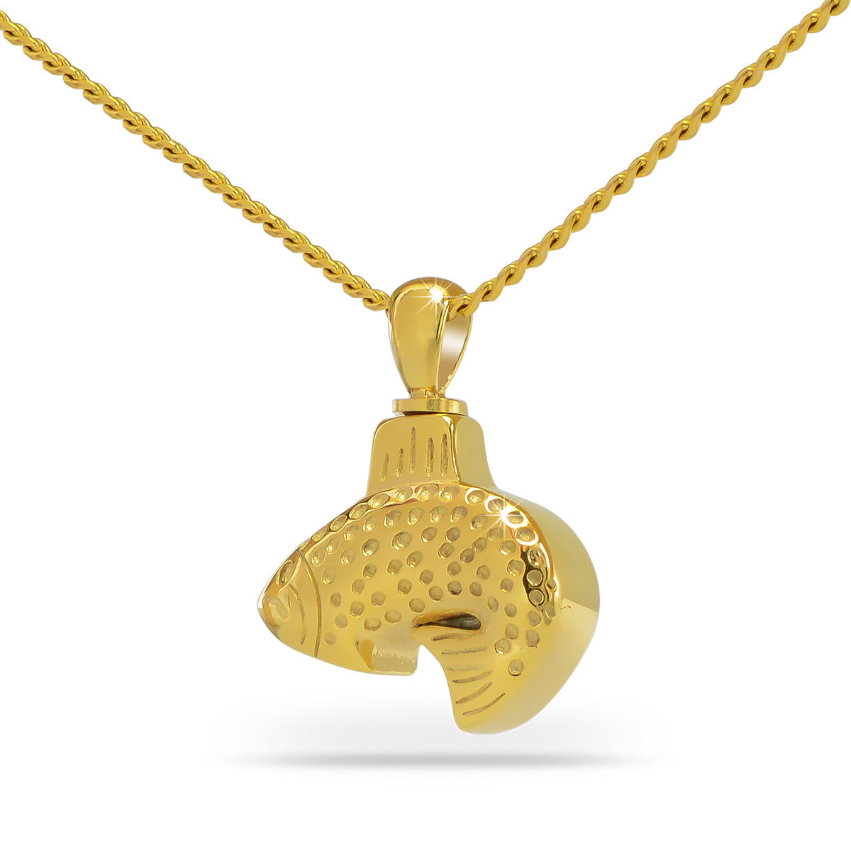 Square gold cremation pendant with flowing water lines carved across the face
