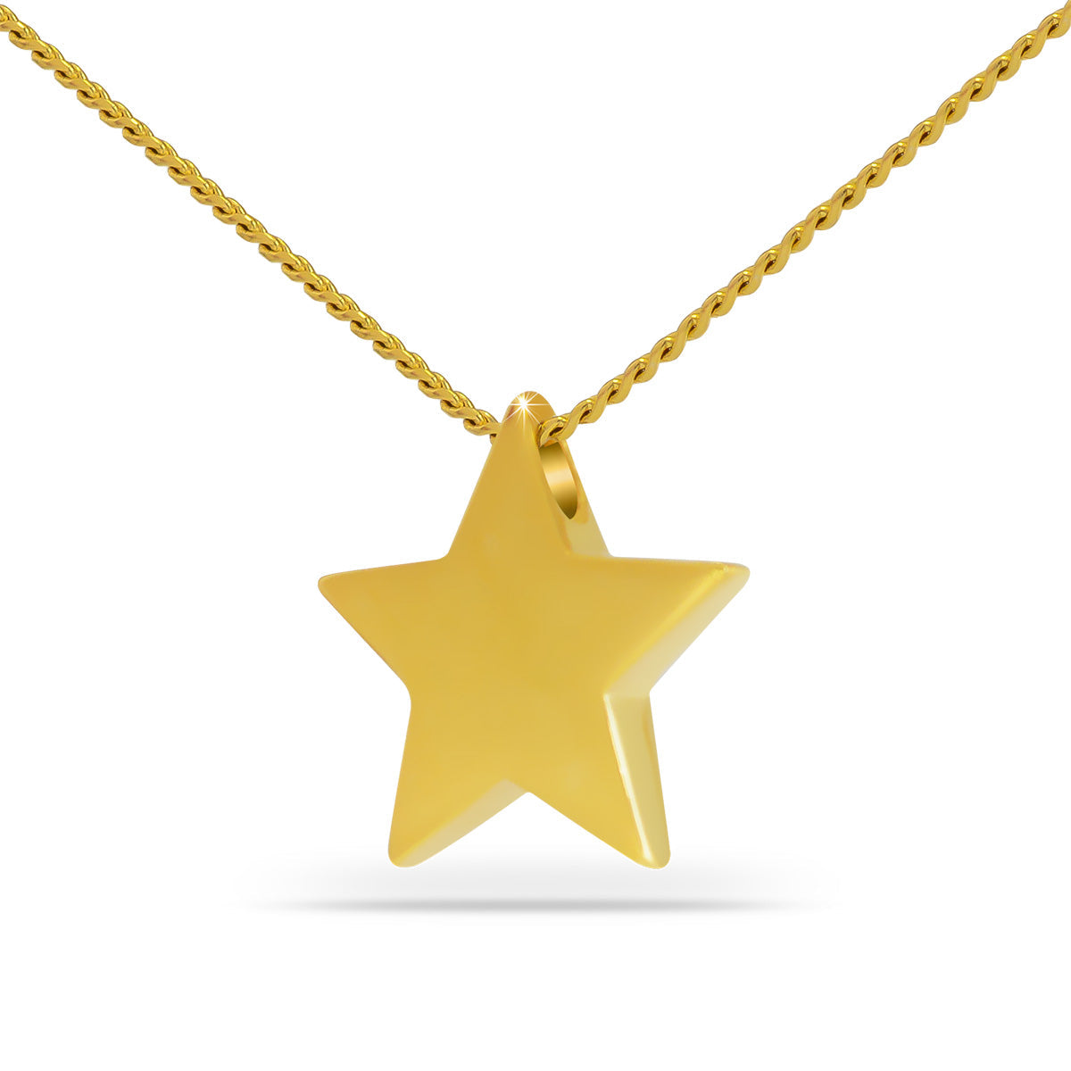 Gold five-point star cremation pendant with a polished finish on a matching chain