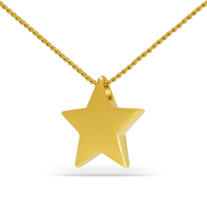Gold five-point star cremation pendant with a polished finish on a matching chain