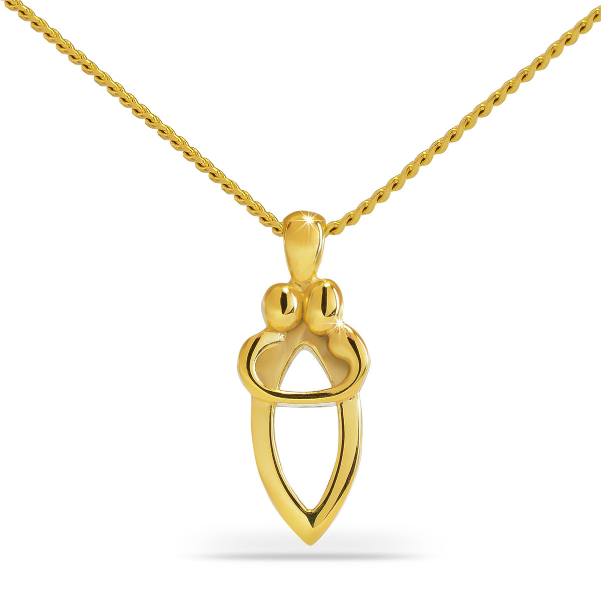 Gold cremation pendant formed from two overlapping hearts with a side screw opening