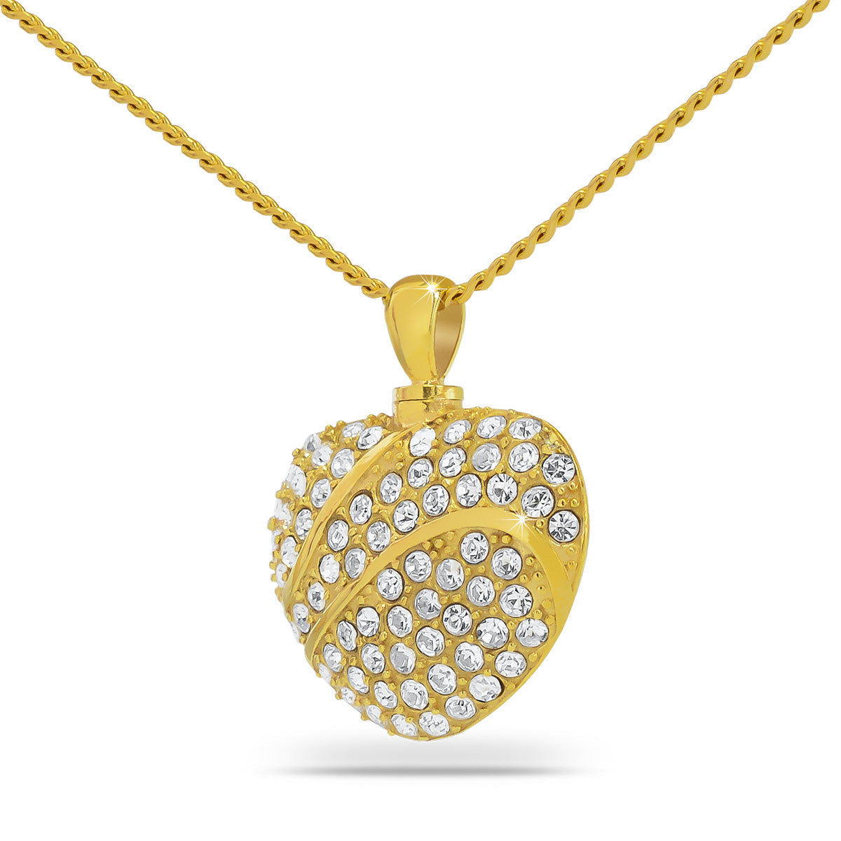Gold-finished heart pendant with a small white stone set into the face, on a chain