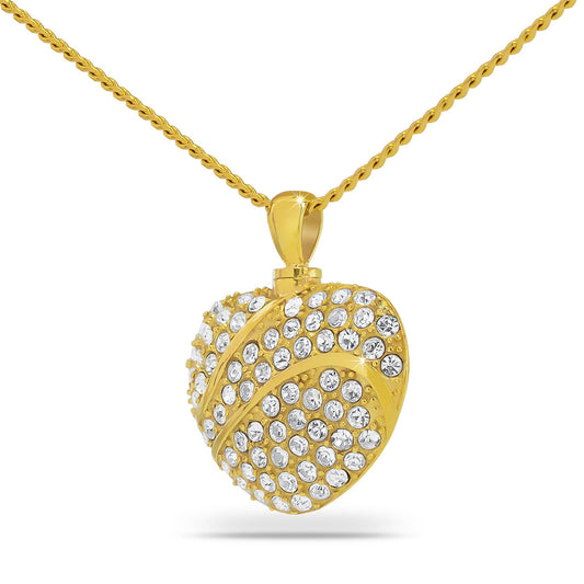 Gold-finished heart pendant with a small white stone set into the face, on a chain