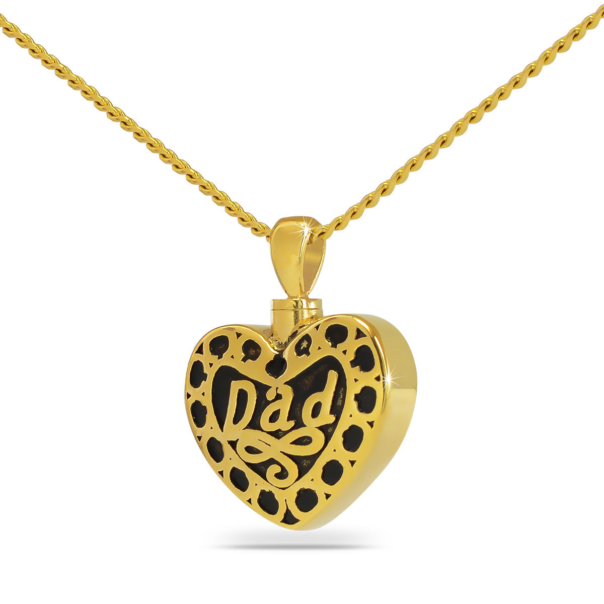 Gold steel heart pendant with the word Dad cut into the polished front face