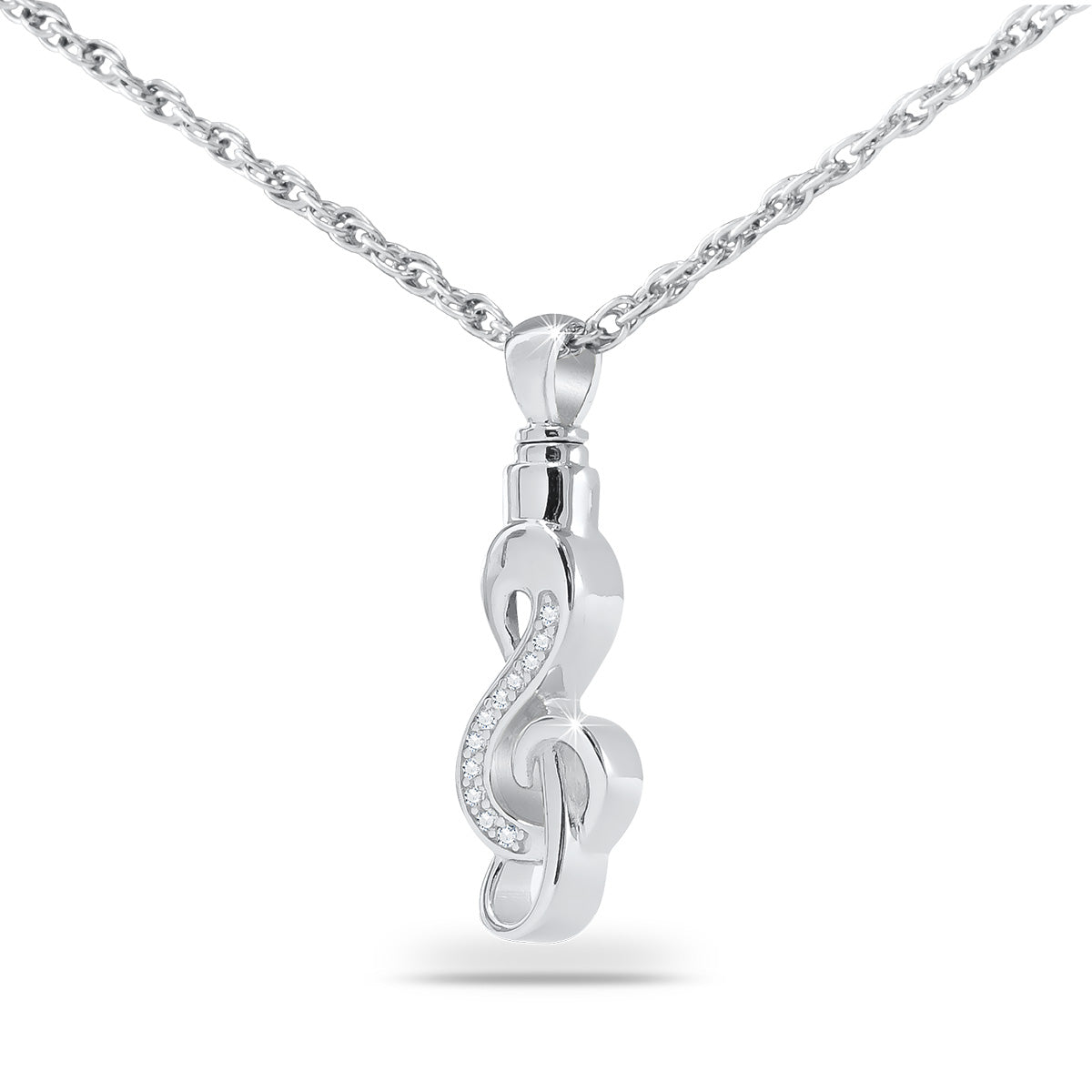 Silver cremation pendant shaped as a musical note with a polished curved stem