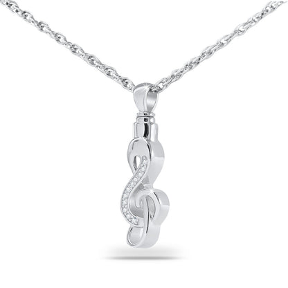Silver cremation pendant shaped as a musical note with a polished curved stem