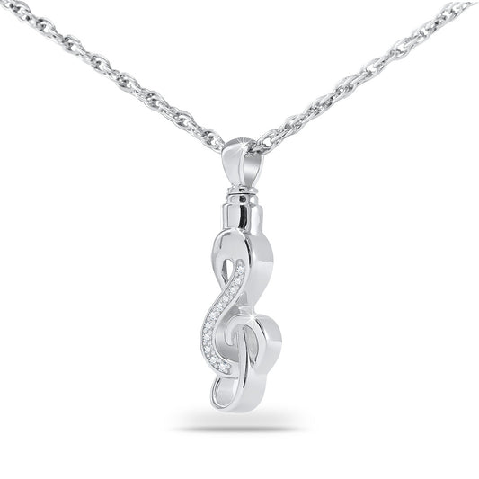 Silver cremation pendant shaped as a musical note with a polished curved stem