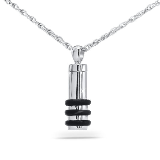 Slim silver cylinder cremation pendant banded with three raised rings, hanging vertically