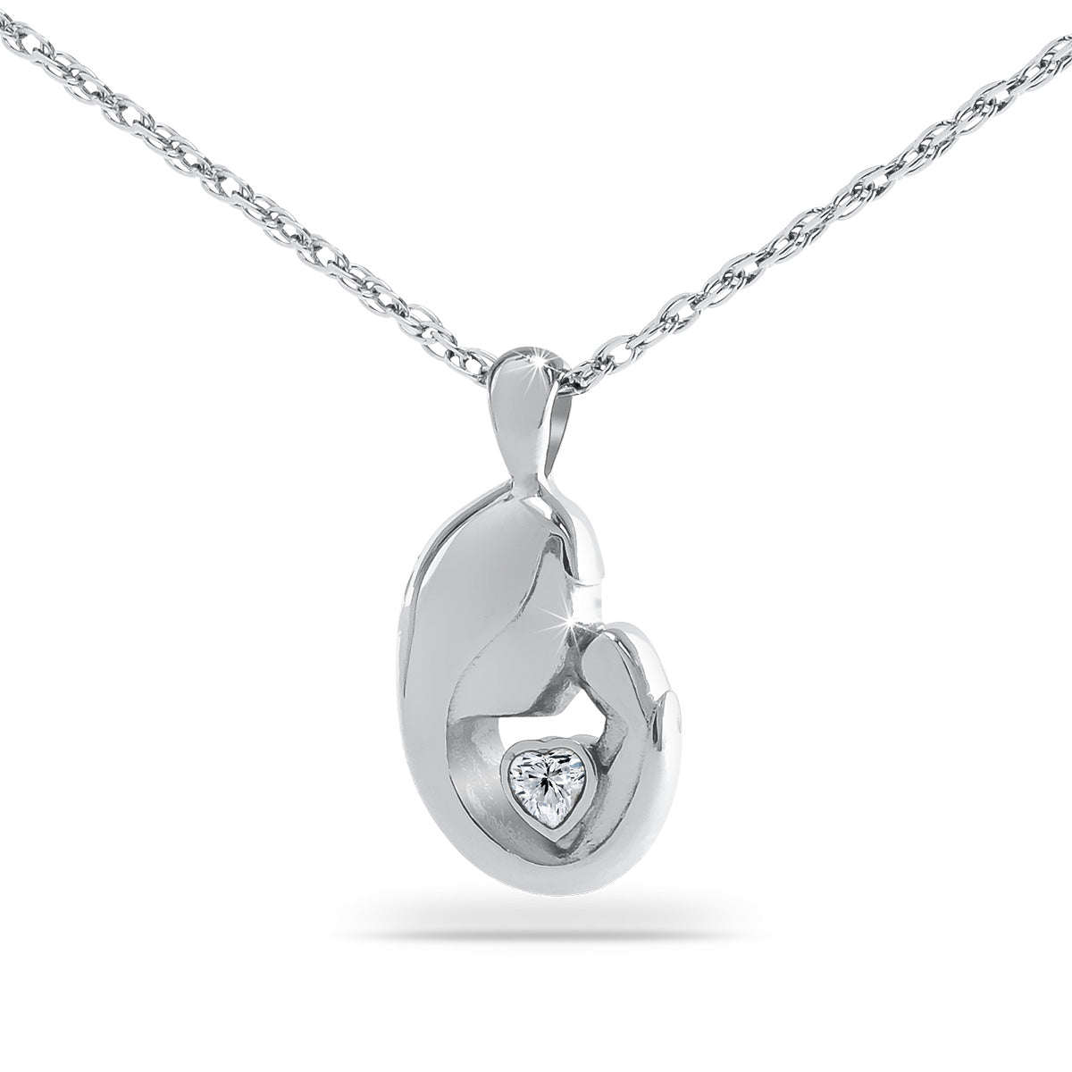 Stainless steel pendant with a pale opaque white stone set into the front