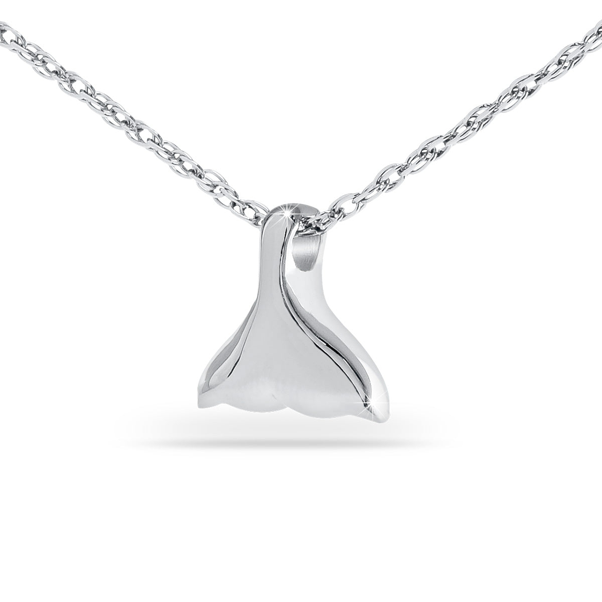 Stainless steel pendant shaped as a dolphin tail fluke with two broad tapering lobes