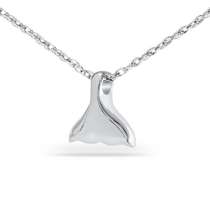 Stainless steel pendant shaped as a dolphin tail fluke with two broad tapering lobes
