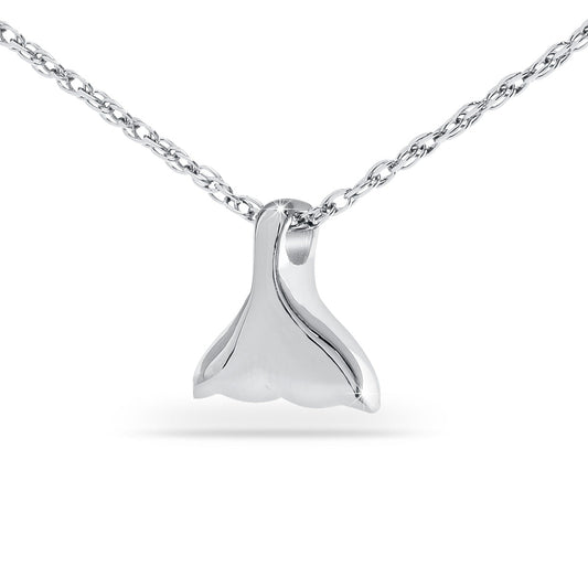 Stainless steel pendant shaped as a dolphin tail fluke with two broad tapering lobes