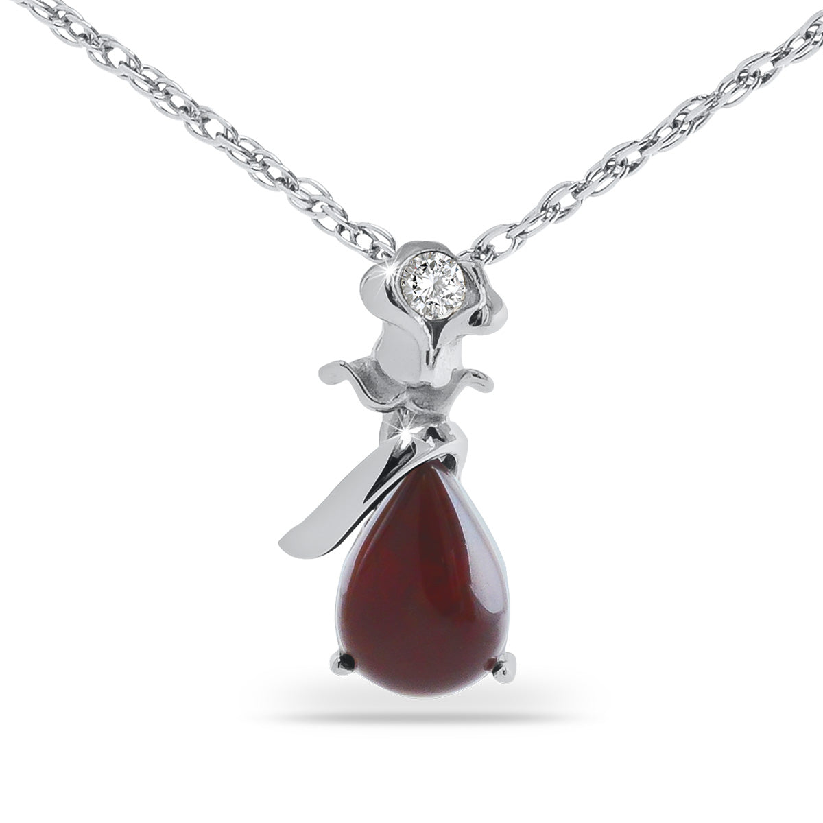 Deep red glass rose bloom set in a bright stainless steel mount on a pendant
