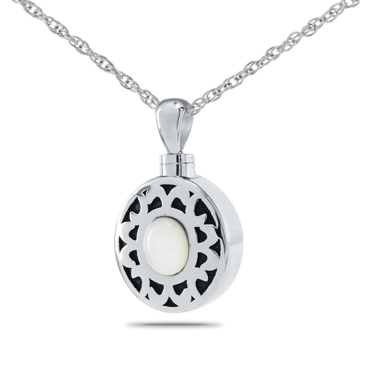 Stainless steel cremation pendant with a smooth round white stone on a steel chain