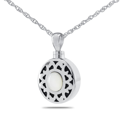 Stainless steel cremation pendant with a smooth round white stone on a steel chain