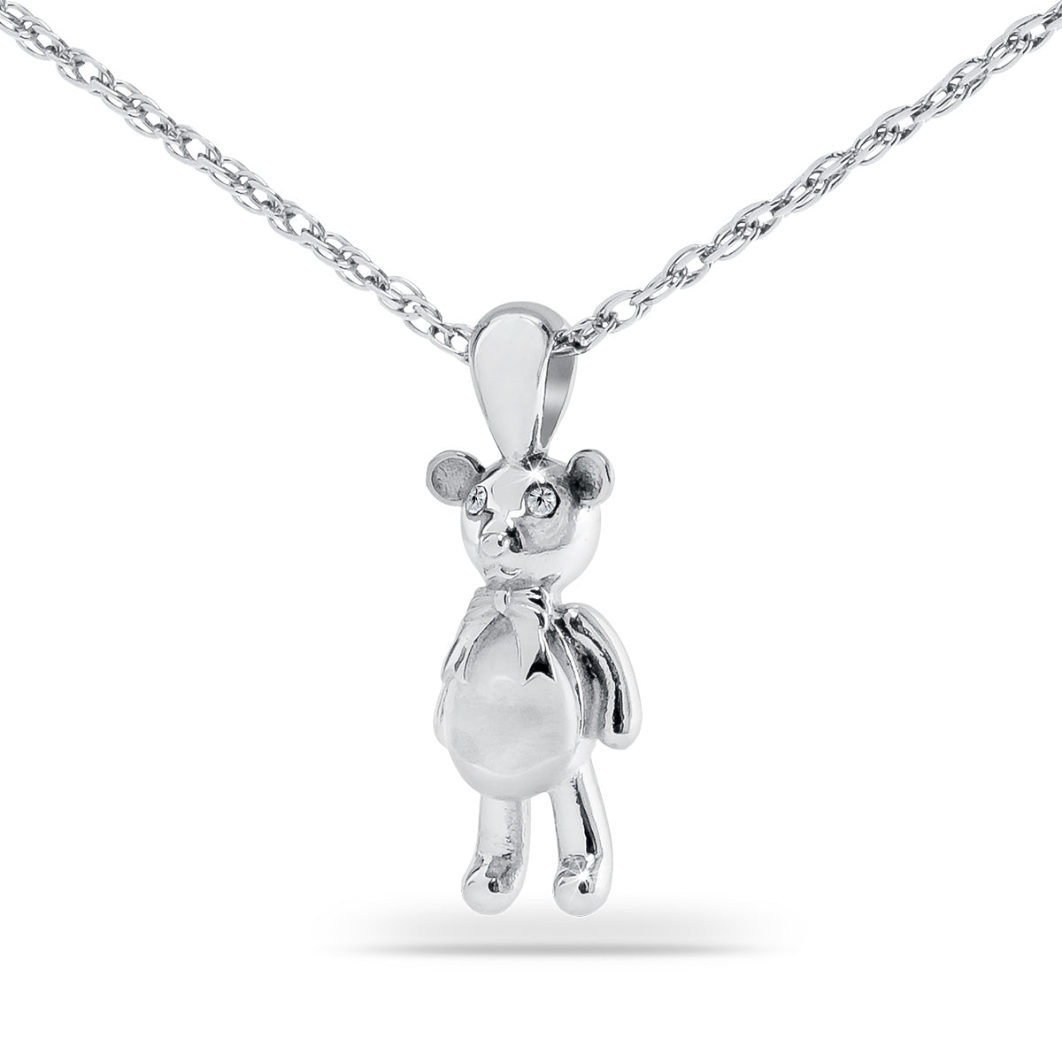 Stainless steel pendant shaped like a small bear cub with a plain polished finish