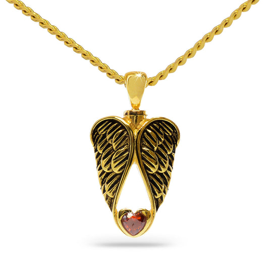 Gold pendant of a red heart held between two feathered wings, on a gold chain
