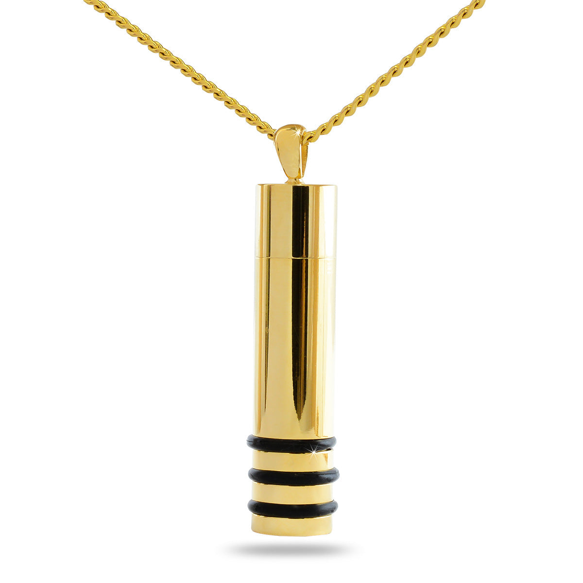 Gold steel cylinder pendant with raised rings circling the barrel and a bail at one end