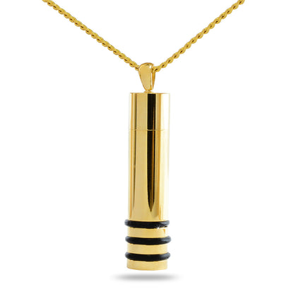 Gold steel cylinder pendant with raised rings circling the barrel and a bail at one end
