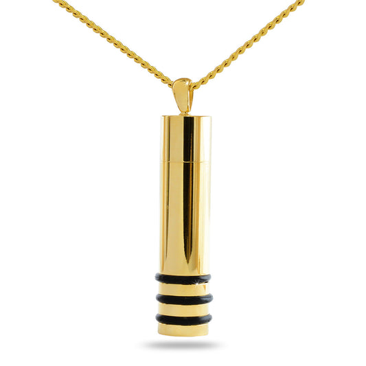 Gold steel cylinder pendant with raised rings circling the barrel and a bail at one end