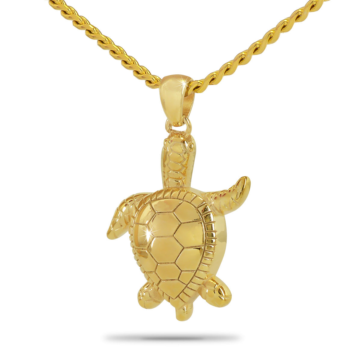 Gold steel sea turtle pendant with raised shell segments and flippers swept back
