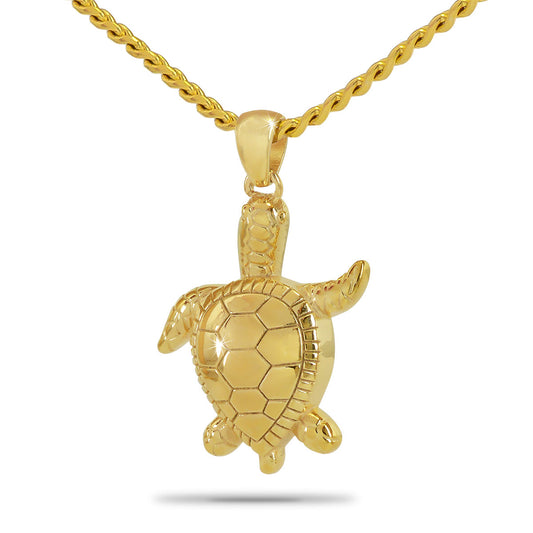 Gold steel sea turtle pendant with raised shell segments and flippers swept back