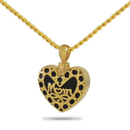 Gold plated steel heart pendant with the word Mom raised across the front, on a chain