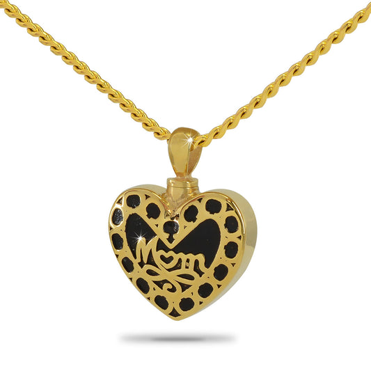 Gold plated steel heart pendant with the word Mom raised across the front, on a chain