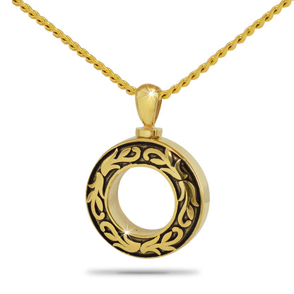 Round gold-finished stainless steel cremation pendant shaped as an open circle