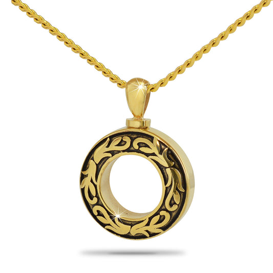 Round gold-finished stainless steel cremation pendant shaped as an open circle
