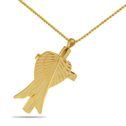 Gold cross pendant with wings swept back along the crossbar, on a matching chain