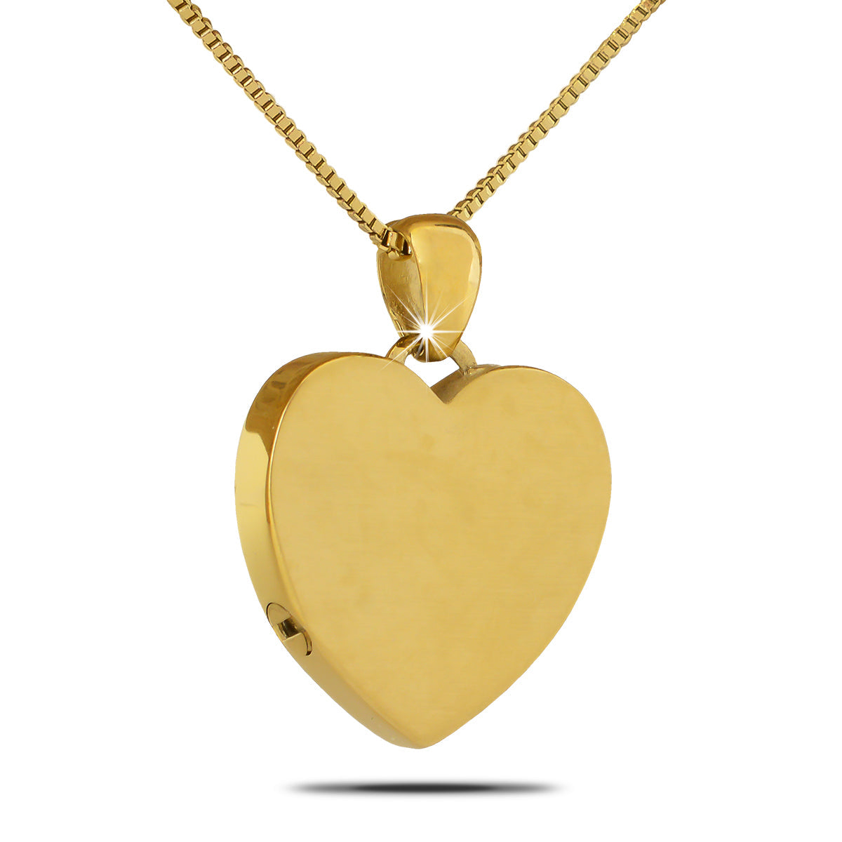 Domed gold steel heart pendant with a smooth highlighted curve and a bail at the top