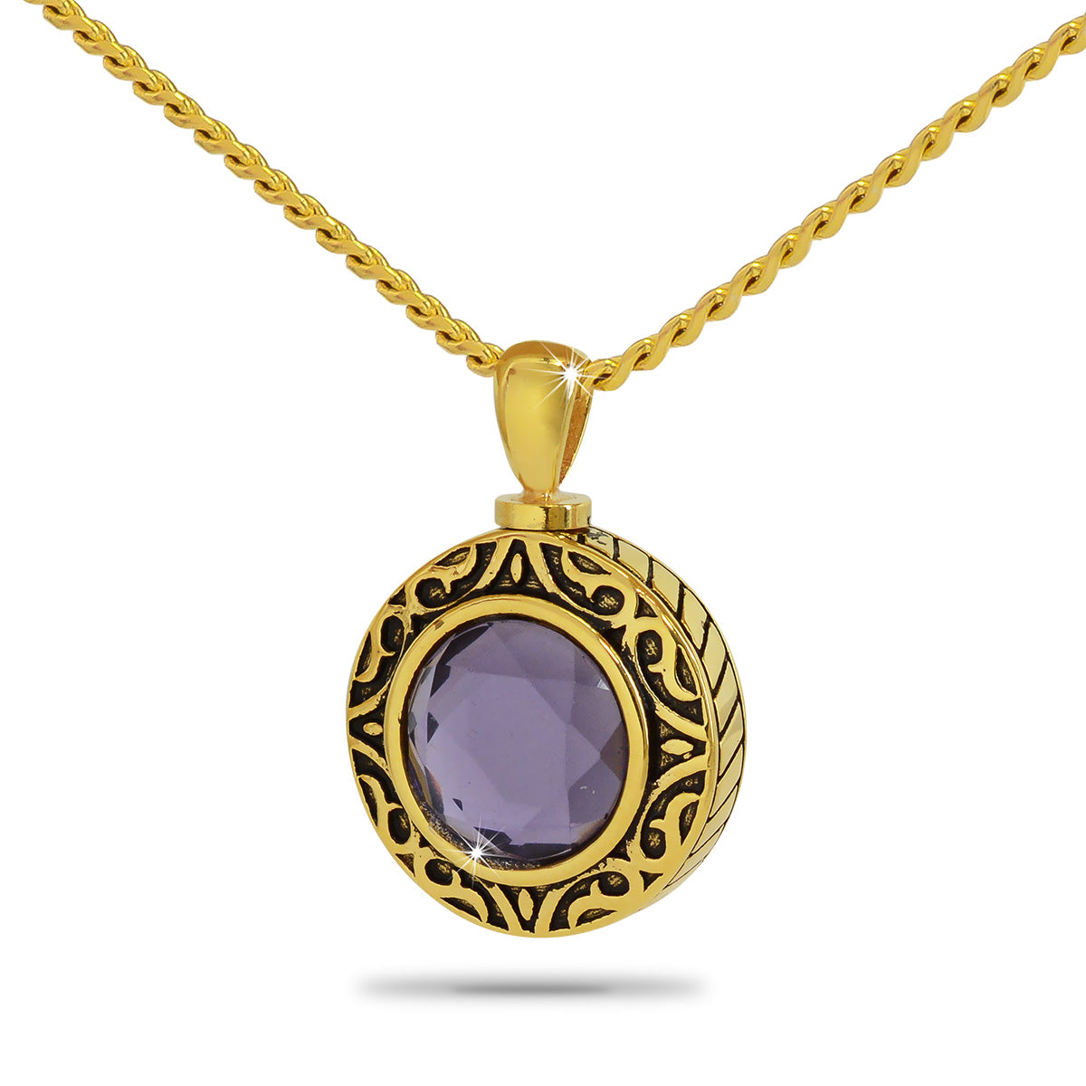 Gold-finished steel pendant set with a deep purple amethyst-coloured square stone