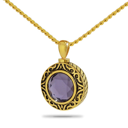 Gold-finished steel pendant set with a deep purple amethyst-coloured square stone