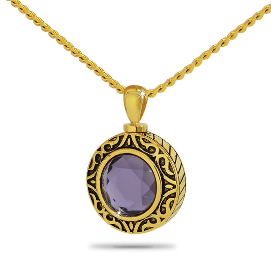 Gold-finished steel pendant set with a deep purple amethyst-coloured square stone